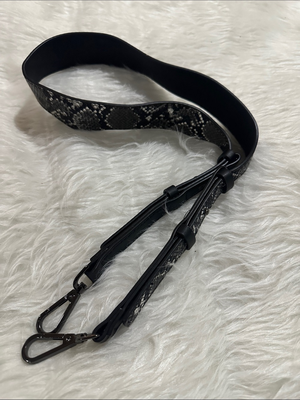 Wide Snake-Print Leather Bag Strap in Black and Grey